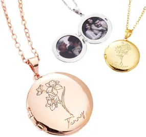 1 or 2 Photo Locket Necklace for Women Custom Locket Necklace with Photo Engraving Birthflower Locket Necklace Gift for Her Birth Flower Picture Locket Necklace Picture Necklace Personalized Photo