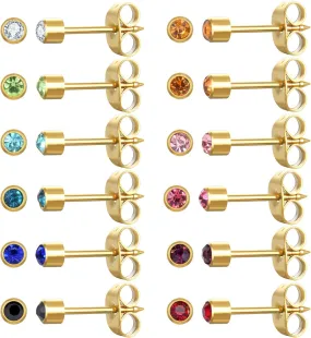 12 Pairs Ear Piercing Stud Earrings, Surgical Stainless Steel Multicolor Cubic Zirconia Birthstone Stud Earrings for Ear Piercing Guns