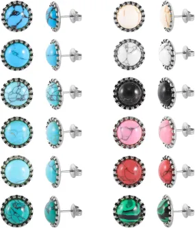 12 Pairs Multi Gemstone Turquoise Stud Earrings Gold Plated Stainless Steel Gem Stone Stud Earrings Set for Women