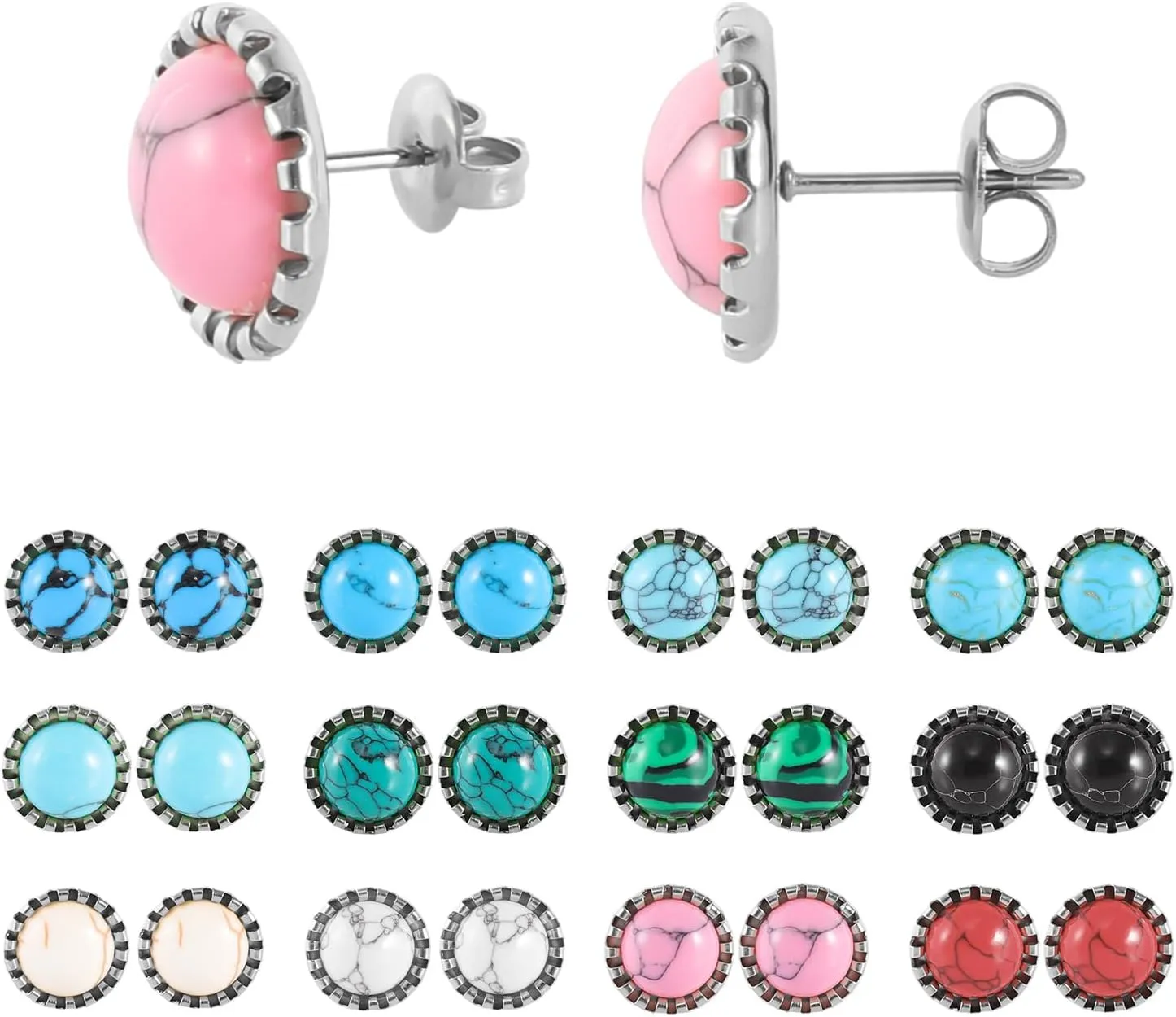12 Pairs Multi Gemstone Turquoise Stud Earrings Gold Plated Stainless Steel Gem Stone Stud Earrings Set for Women