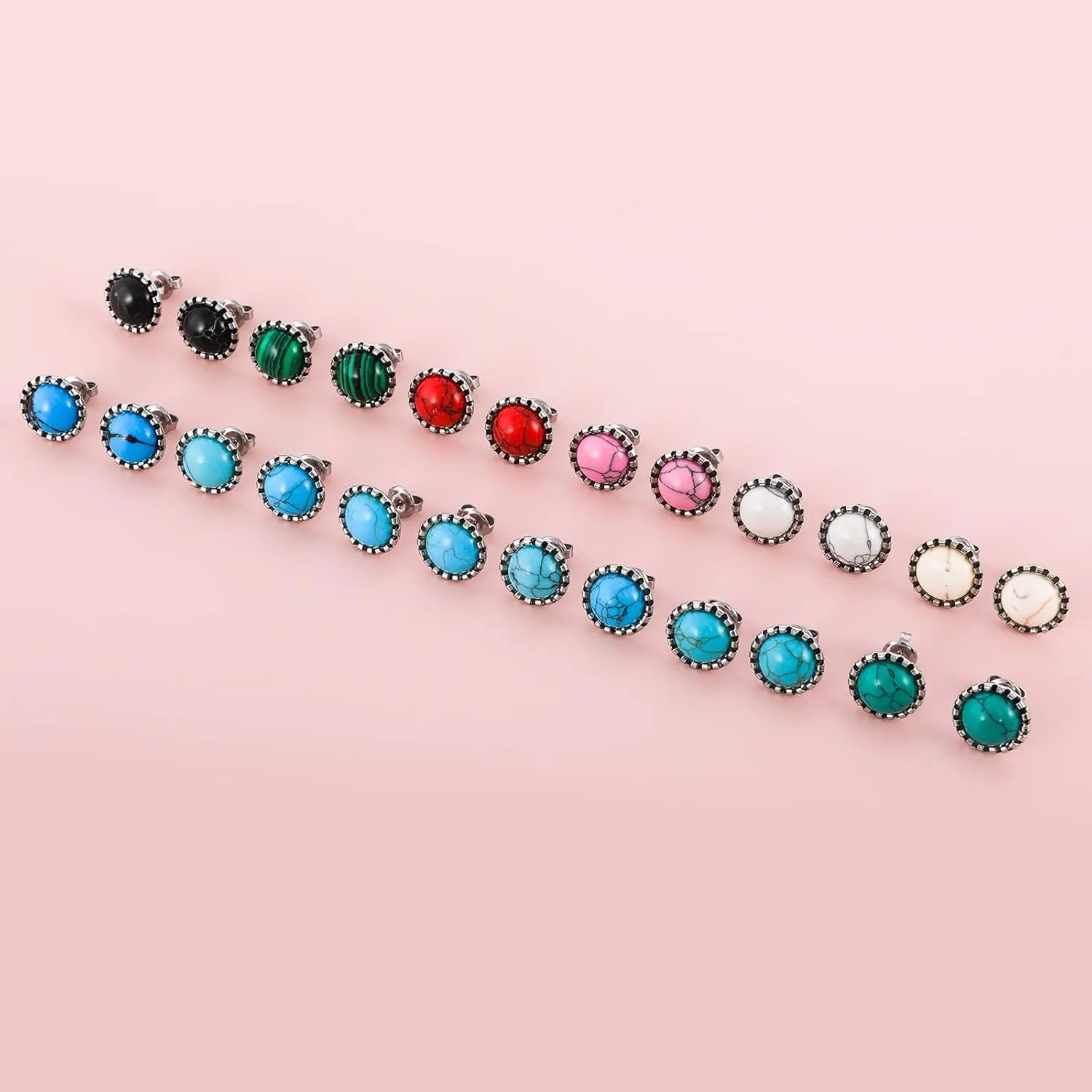 12 Pairs Multi Gemstone Turquoise Stud Earrings Gold Plated Stainless Steel Gem Stone Stud Earrings Set for Women