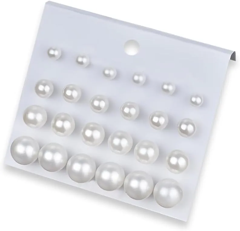 12Pairs Pearl Round Stud Earrings for Women Female White Beige Earrings Big Small Pearl Earrings Round Ball Pearl Earrings