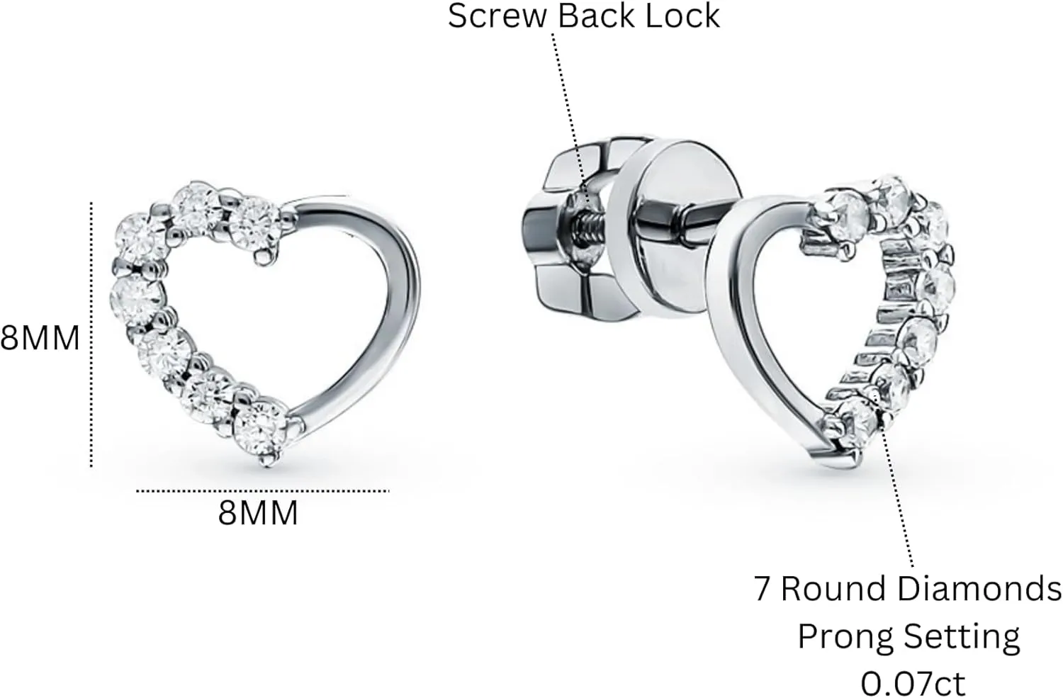 14k Gold Open Heart Diamond(0.10ct) Stud Earring, Tiny Round Diamond Heart Stud, Dainty Screw Back Jewelry, Valentine Gift for Her.