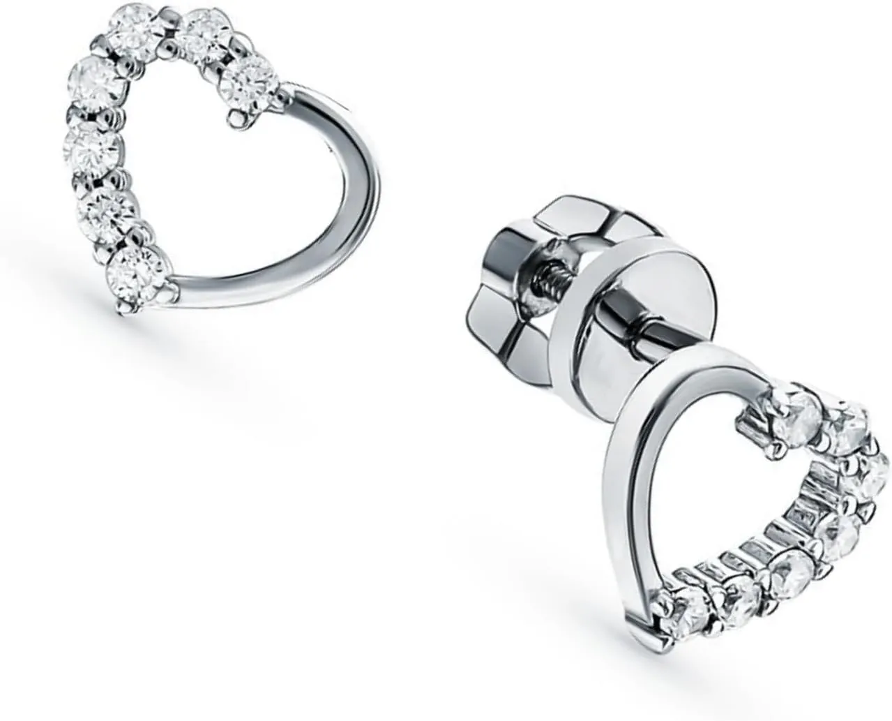 14k Gold Open Heart Diamond(0.10ct) Stud Earring, Tiny Round Diamond Heart Stud, Dainty Screw Back Jewelry, Valentine Gift for Her.
