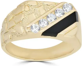 14k Gold Over Real Solid 925 Sterling Silver Men's Silver Nugget Ring - Iced CZ & Black Onyx - Pinky or Ring Finger - Sizes 6-13
