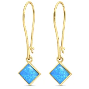 14K Gold Plated Blue Opal Square Dangle Earrings - Drop Earrings for Women - October Birthstone, Handmade 6X6mm Square Gemstone Vintage Jewelry - Trendy and Classic Elegant Gift for Women
