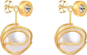 14k Gold Plated Caged Pearl Earrings, Dangle Drop Big Pearl With Earring Studs, 10MM