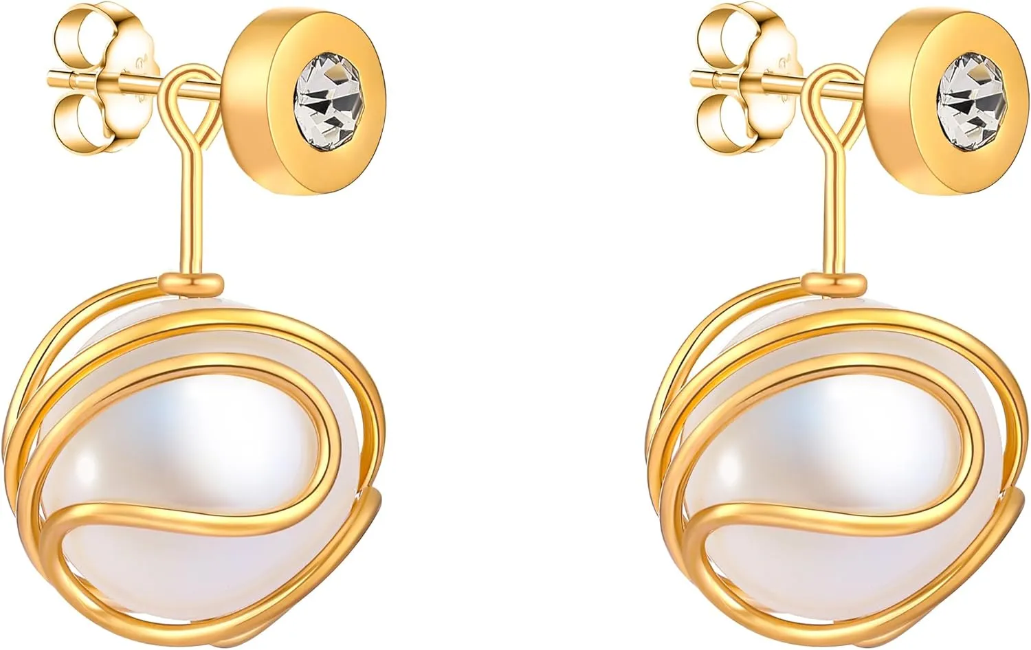 14k Gold Plated Caged Pearl Earrings, Dangle Drop Big Pearl With Earring Studs, 10MM