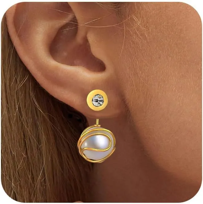 14k Gold Plated Caged Pearl Earrings, Dangle Drop Big Pearl With Earring Studs, 10MM