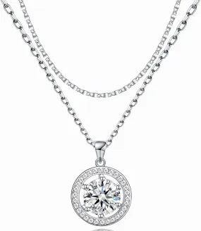 14K Gold Plated Cubic Zirconia Women's Layered Halo Necklace With Diamond Pendant