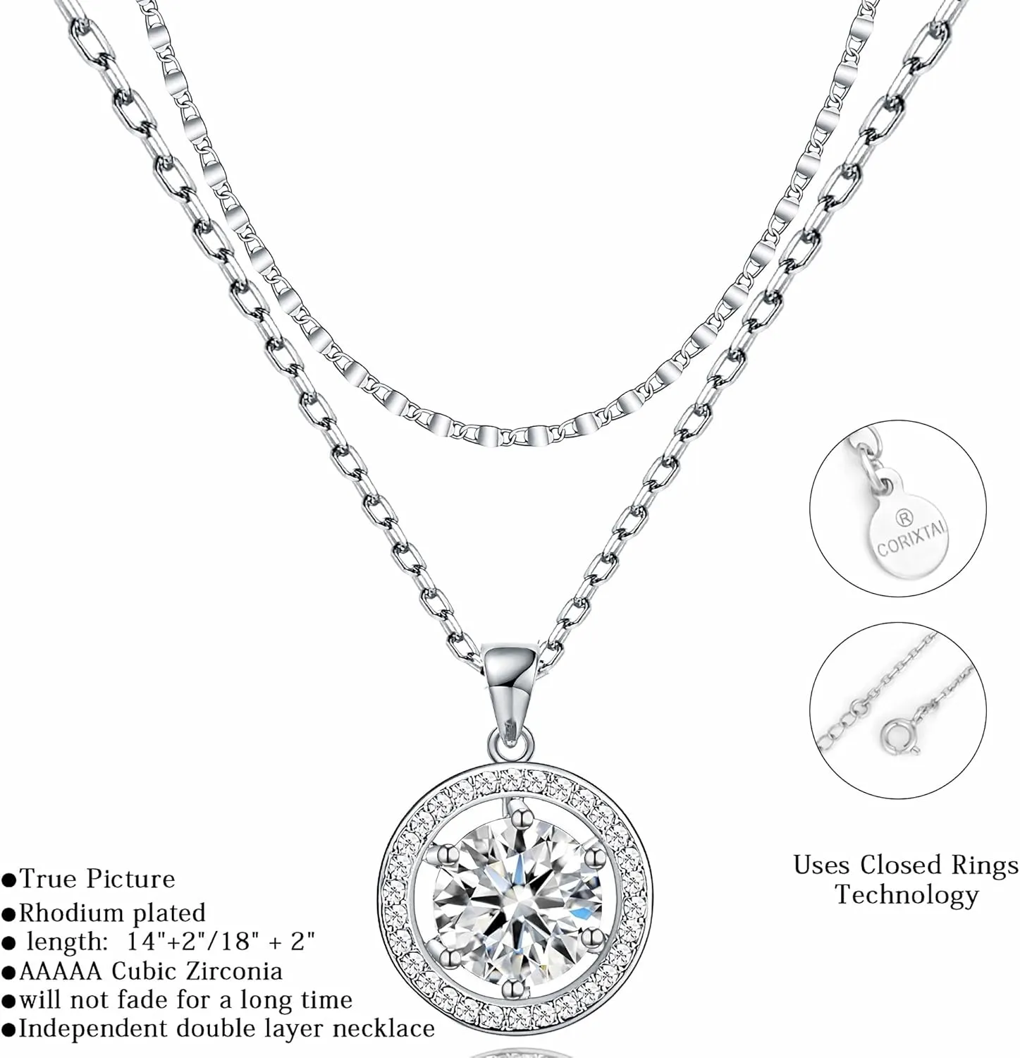 14K Gold Plated Cubic Zirconia Women's Layered Halo Necklace With Diamond Pendant