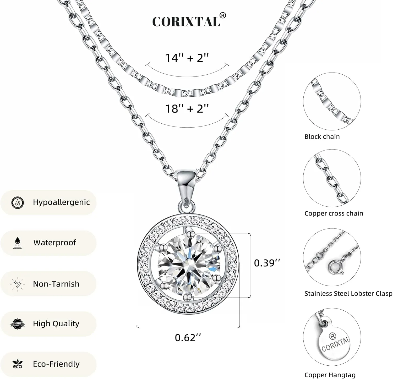 14K Gold Plated Cubic Zirconia Women's Layered Halo Necklace With Diamond Pendant