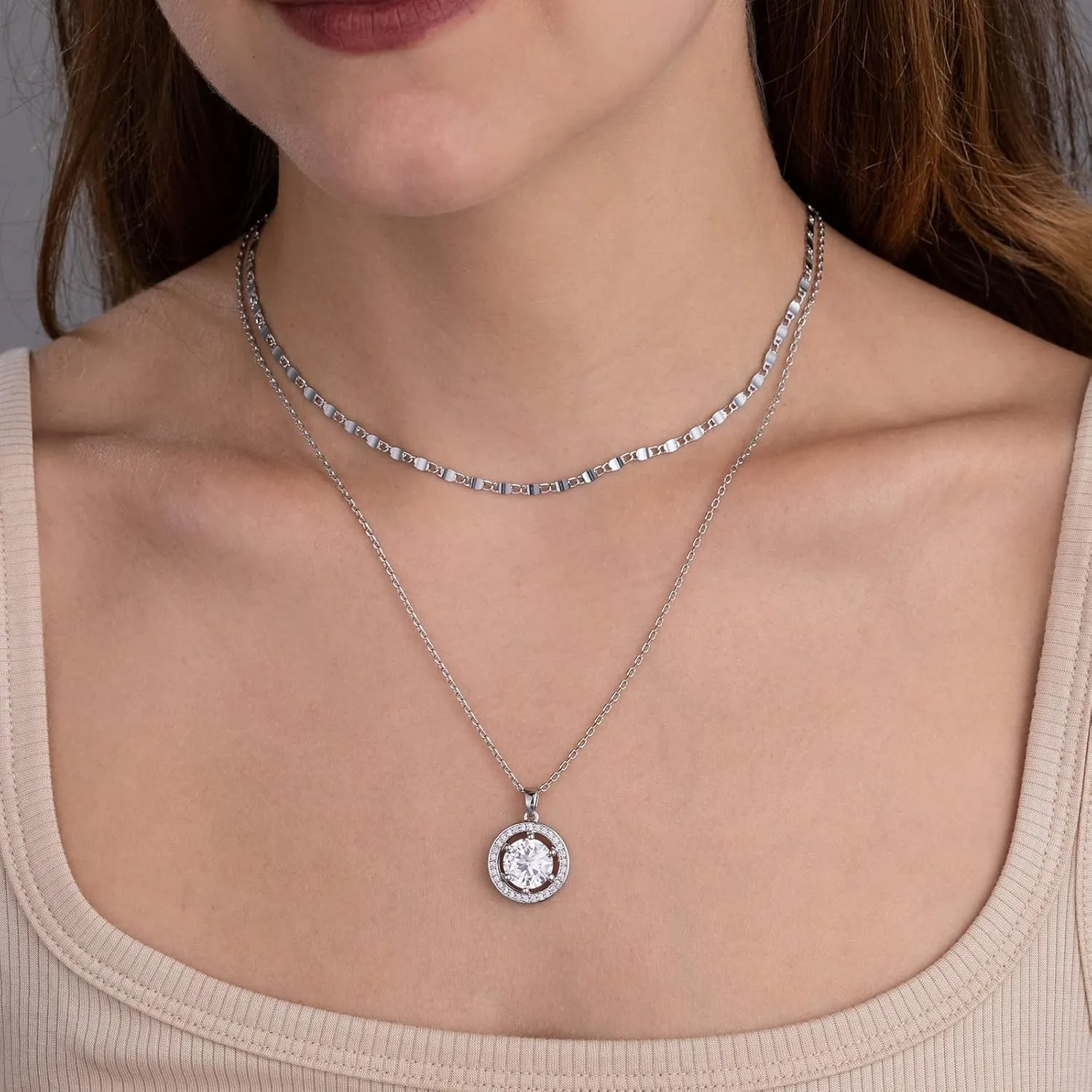14K Gold Plated Cubic Zirconia Women's Layered Halo Necklace With Diamond Pendant