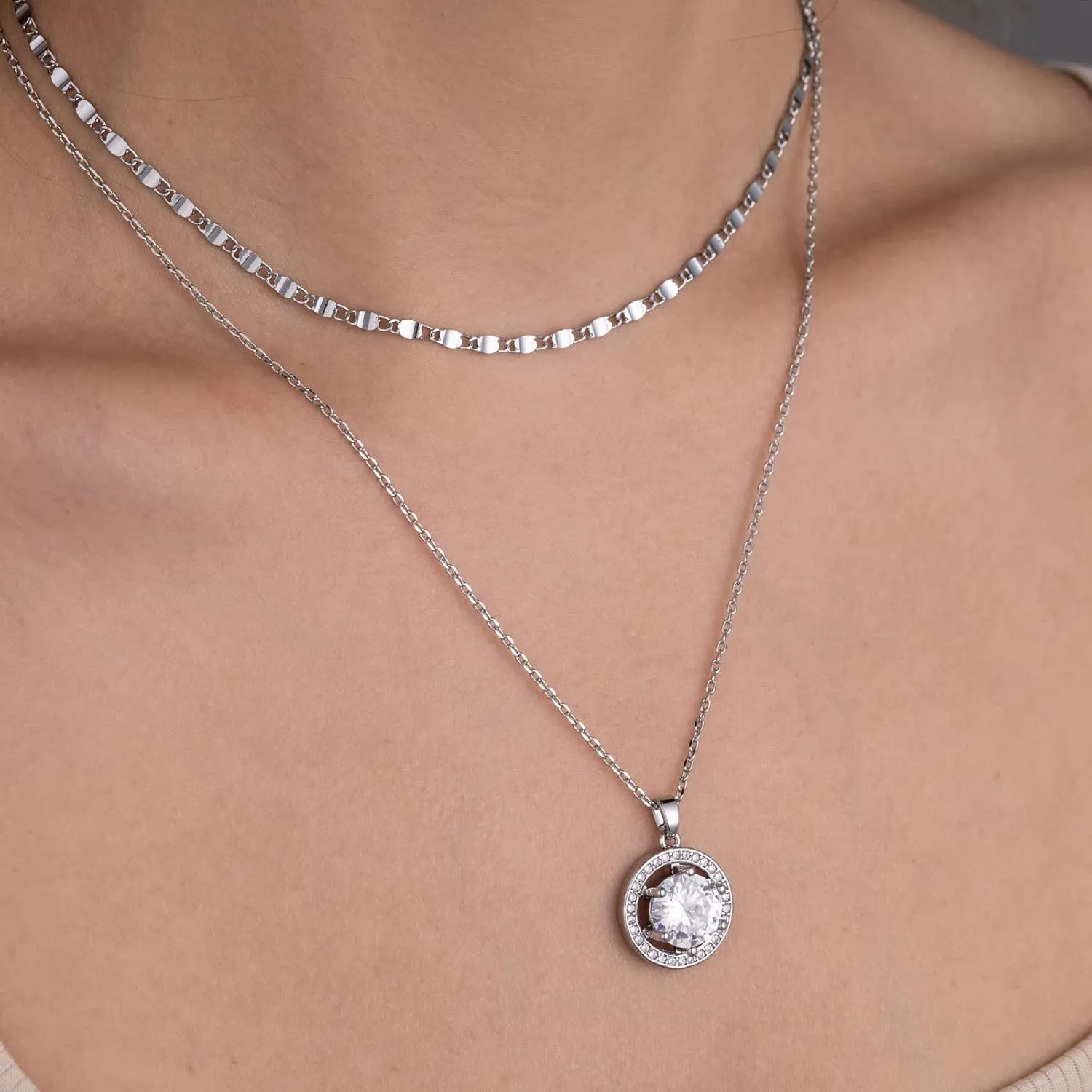 14K Gold Plated Cubic Zirconia Women's Layered Halo Necklace With Diamond Pendant