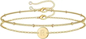 14K Gold Plated Initial Bracelet for Women - Personalized A-Z Letter Charm Layered Beaded Bracelet - Mothers Day Gifts for Mom, Wife, Grandma (Adjustable, Gift Box Included)