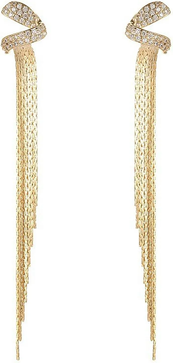 14K Gold Plated Long Tassel Dangle Drop Earrings for Women Gold Statement Earrings Elegant Rhinestone Jewelry