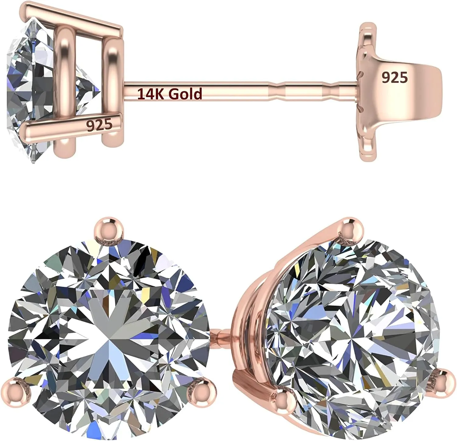 14K Gold Post & Sterling Silver Pure Brilliance Zirconia 3 Prong Martini Style Stud Earrings 1.0ct to 4ct