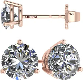 14K Gold Post & Sterling Silver Pure Brilliance Zirconia 3 Prong Martini Style Stud Earrings 1.0ct to 4ct