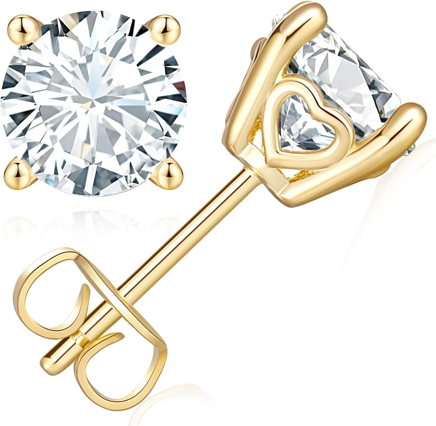 14K Gold Stud Earrings for Women Heart-Engraved Cubic Zirconia Stud Earrings Flat Back Gold Studs Earring for Women 7mm