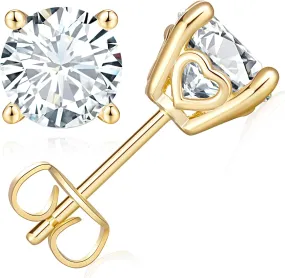 14K Gold Stud Earrings for Women Heart-Engraved Cubic Zirconia Stud Earrings Flat Back Gold Studs Earring for Women 7mm