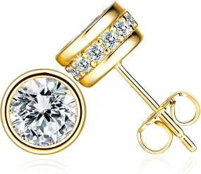 14K Gold Stud Earrings for Women Round Brilliant Cubic Zirconia Earrings Studs White/Black Dainty Gold Earring for Womens Stud