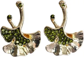 14K Yellow Gold Ginkgo Earrings For Women, Earrings Green Crystal Ginkgo Biloba Double Leaves Drop Vintage Minimalist Metal Stud Earrings, Ginkgo Leaf Earrings Drop Dangle Vintage