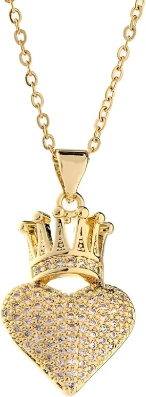 14K Yellow Gold Heart Crown Necklace - 14K Yellow Gold Royal Charm Crown Necklace with Chain - Crown - Crown Necklace for Women - 14K Yellow Gold Heart Necklace