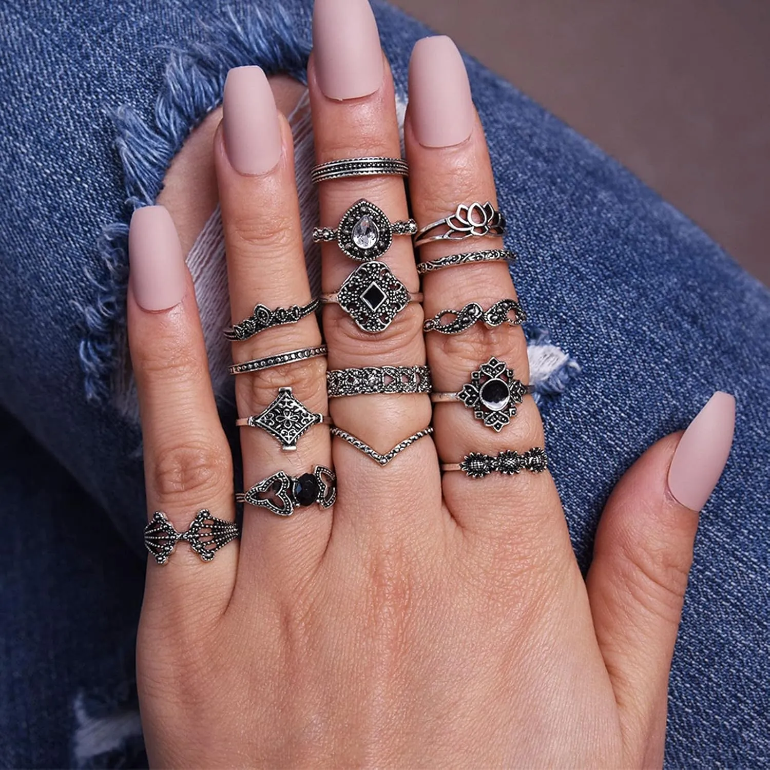 15 PCS Bohemian Midi Rings, Stackable Joint Finger Rings for Women, Boho Stacking Ring, Vintage Silver Ring Set