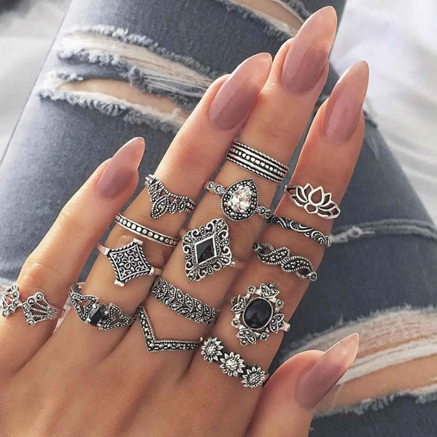 15 PCS Bohemian Midi Rings, Stackable Joint Finger Rings for Women, Boho Stacking Ring, Vintage Silver Ring Set