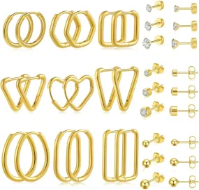 18 Pairs Earring Sets for Multiple Piercing Small Huggie Hoop Earrings Hypoallergenic Flat back CZ Stud Earrings Set for Women Man Gold Silver Black