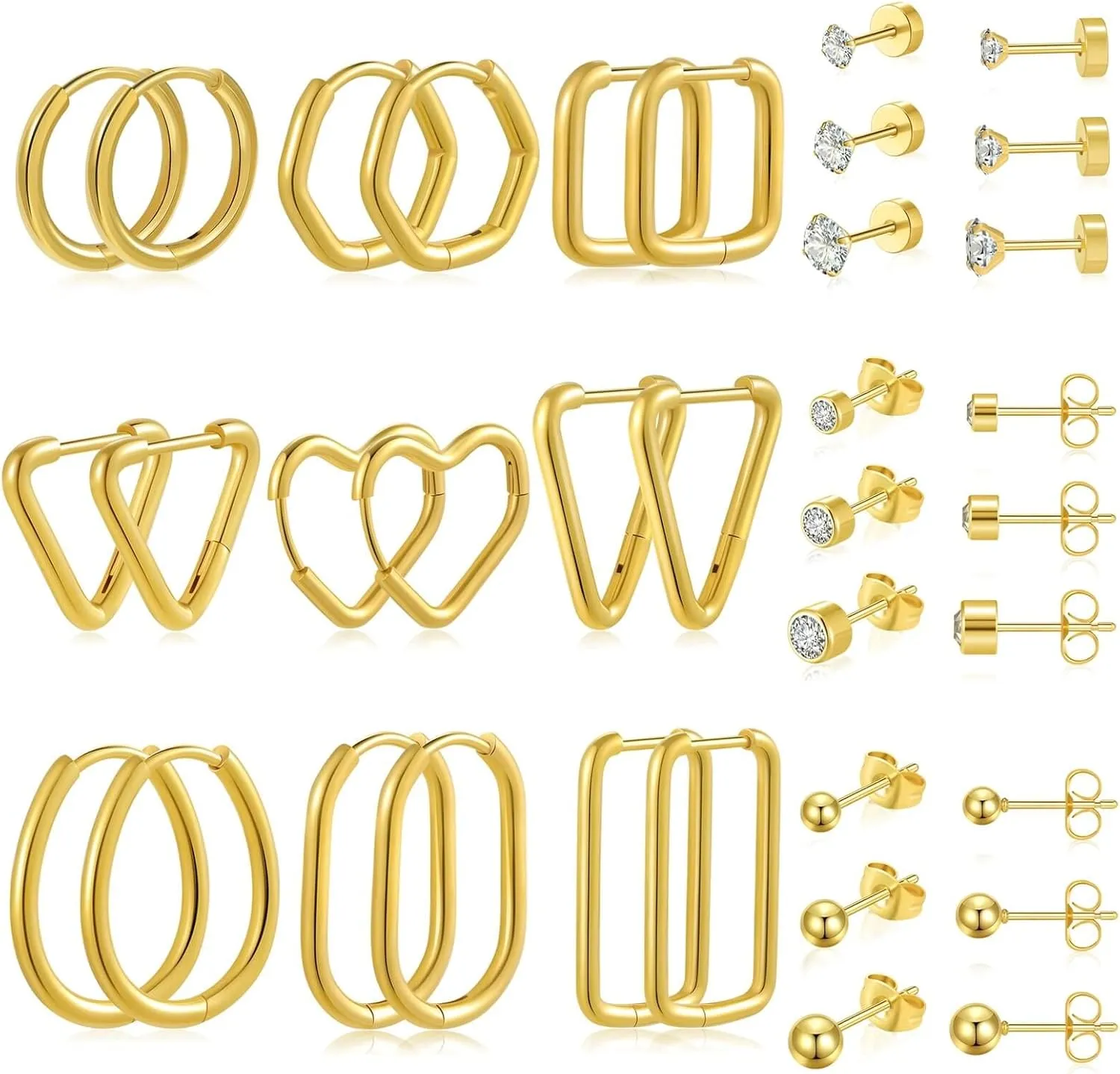 18 Pairs Earring Sets for Multiple Piercing Small Huggie Hoop Earrings Hypoallergenic Flat back CZ Stud Earrings Set for Women Man Gold Silver Black