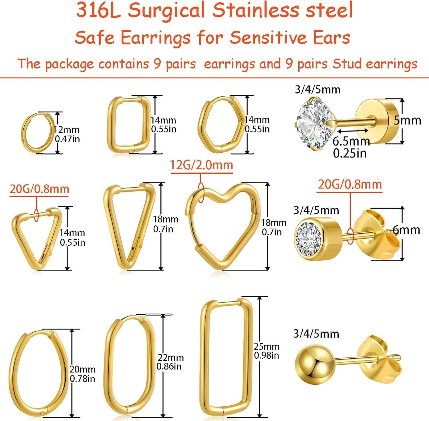 18 Pairs Earring Sets for Multiple Piercing Small Huggie Hoop Earrings Hypoallergenic Flat back CZ Stud Earrings Set for Women Man Gold Silver Black