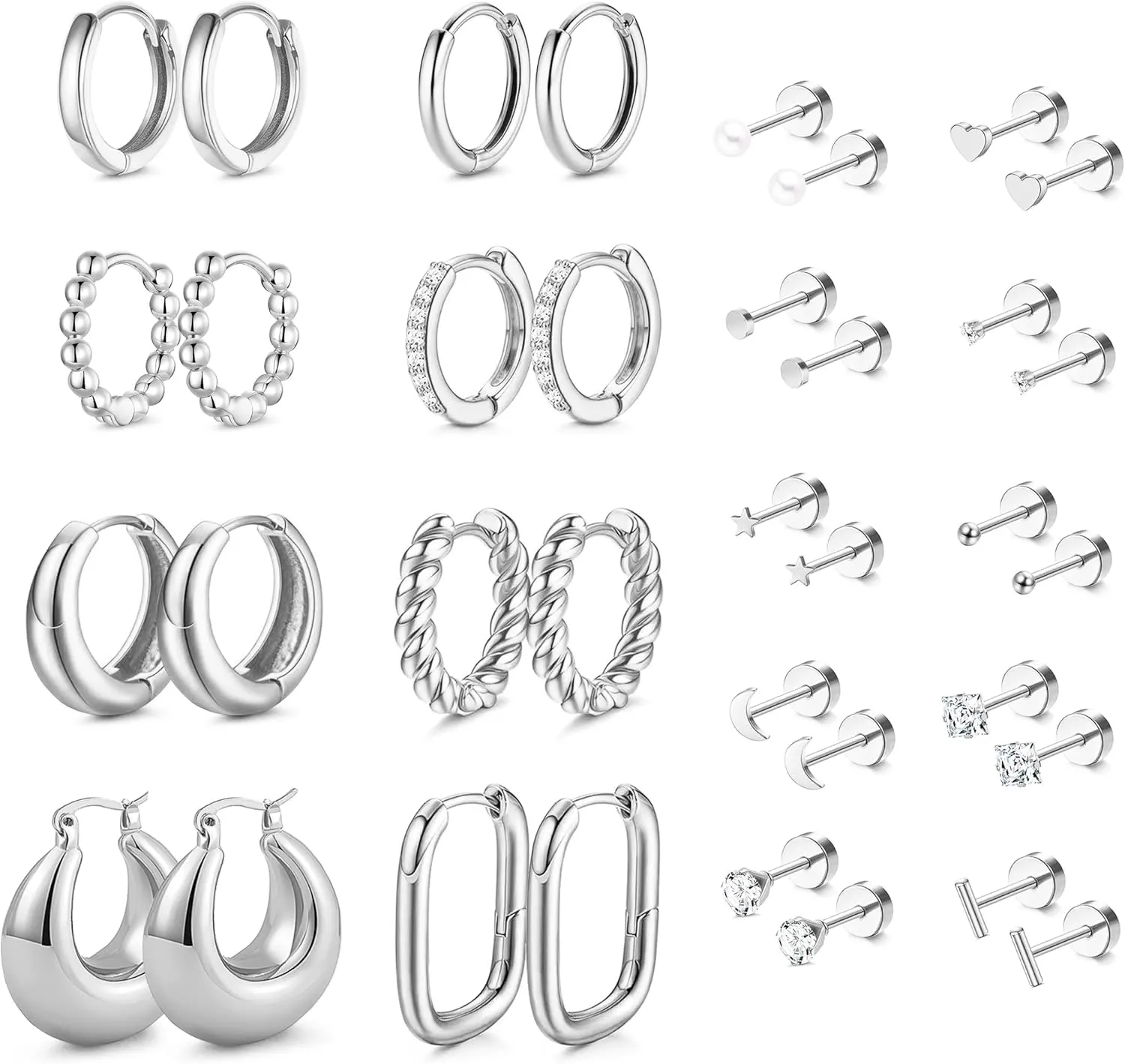 18 Pairs Hoop Stud Earrings Set for Women Gold Flat Back Stud Dainty Chunky Hoop Earring Hypoallergenic Stackable Earrings Sets for Multiple Piercing