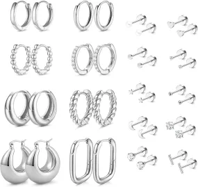 18 Pairs Hoop Stud Earrings Set for Women Gold Flat Back Stud Dainty Chunky Hoop Earring Hypoallergenic Stackable Earrings Sets for Multiple Piercing