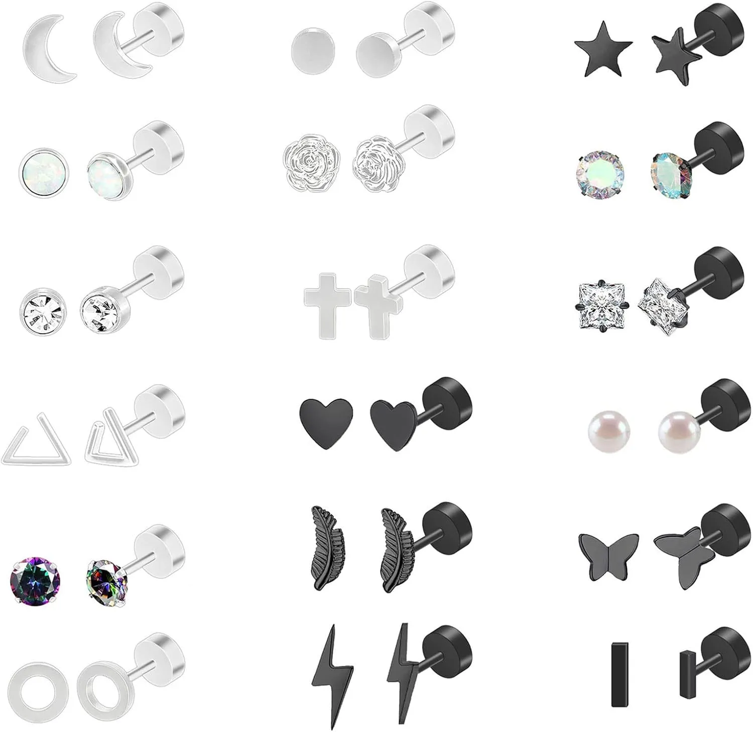 18 Pairs Stainless Steel Stud Earrings Set for Women Men Star Moon Leaf Pearl Studs 20g Flatback Earrings Hypoallergenic Tiny Cartilage Flatback Earrings