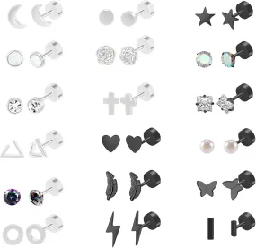 18 Pairs Stainless Steel Stud Earrings Set for Women Men Star Moon Leaf Pearl Studs 20g Flatback Earrings Hypoallergenic Tiny Cartilage Flatback Earrings