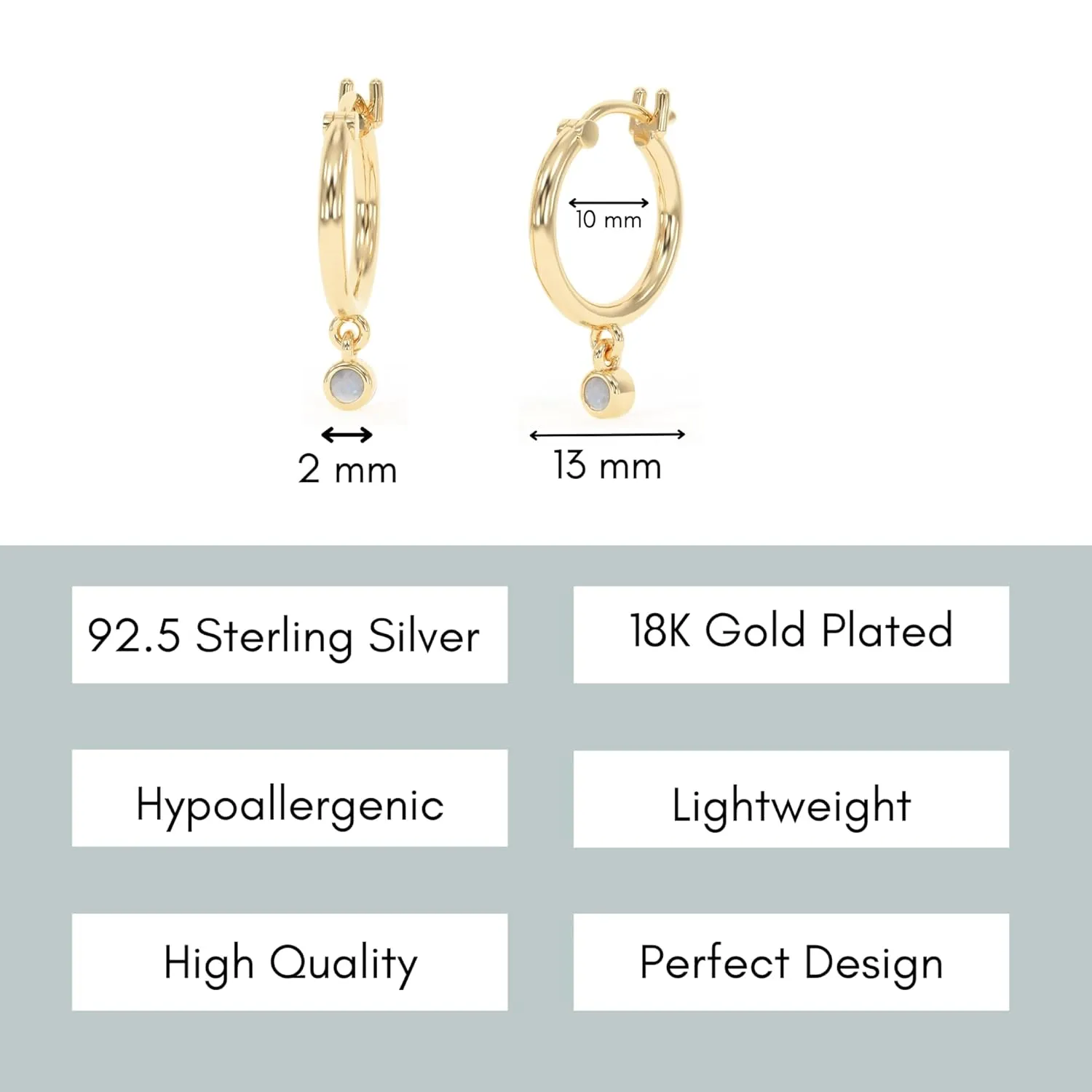 18K Gold Hoop Earrings for Women - Authentic 925 Sterling Silver Hoop Earrings with Natural Moonstone Crystal - Hypoallergenic June Birthstone Gift for Mothers Day