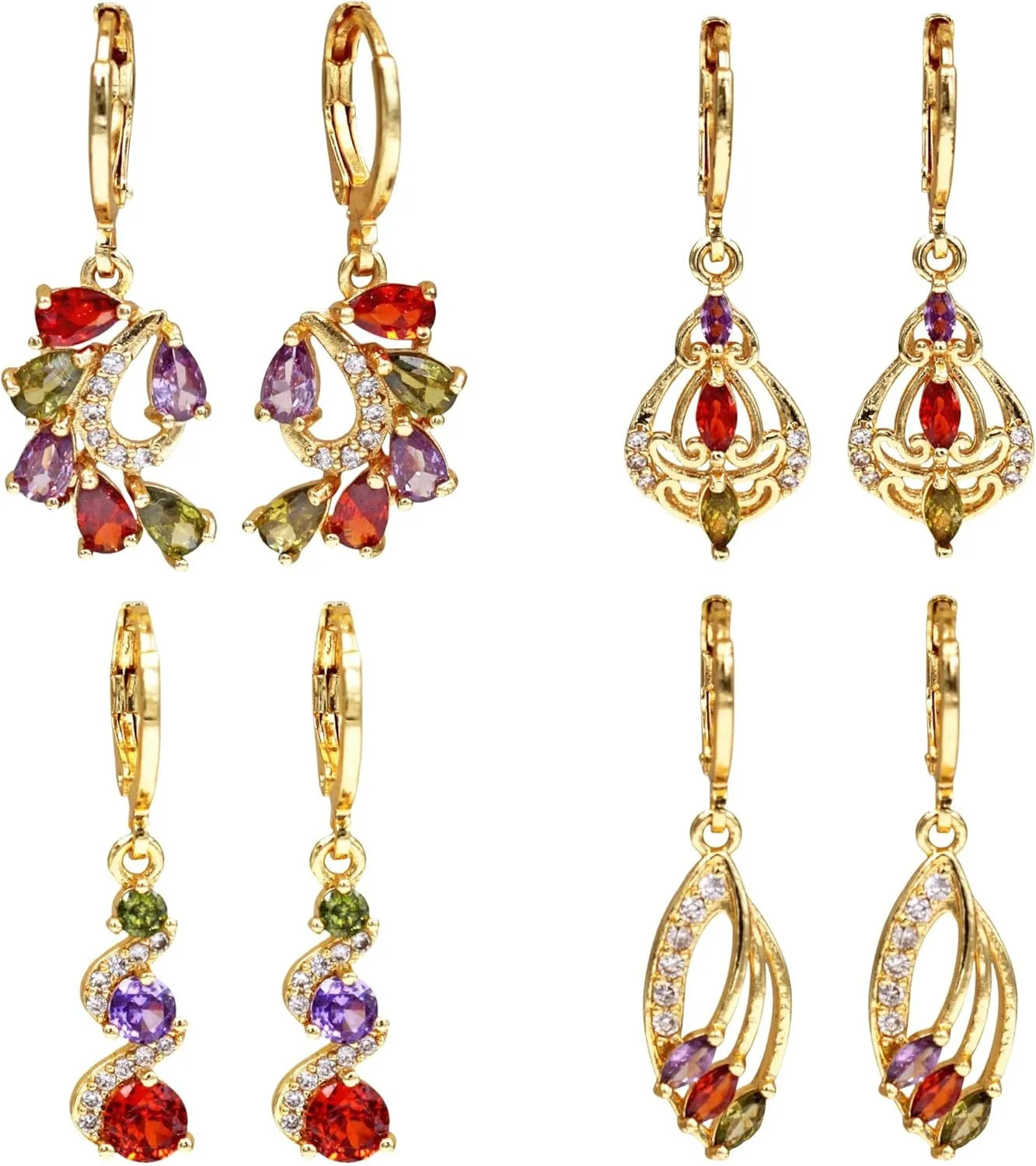 18K Gold Plated, 4 Pairs Drop Dangle Earrings Set for Women, Flower/Heart/Animal/Pearl Drop earrings, Hypoallergenic Cubic Zirconia Earrings, Lightweight, Party earrings, gold earrings, Jewelry for Gifts, Fashion