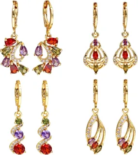 18K Gold Plated, 4 Pairs Drop Dangle Earrings Set for Women, Flower/Heart/Animal/Pearl Drop earrings, Hypoallergenic Cubic Zirconia Earrings, Lightweight, Party earrings, gold earrings, Jewelry for Gifts, Fashion