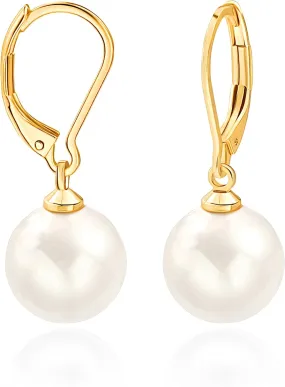 18K Gold Plated Leverback Hoop Handpicked White Shell Pearl Drop Dangle Earring for Women Minimalist Pearl Stud Ear Jewelry for Wedding Bridesmaids Gift