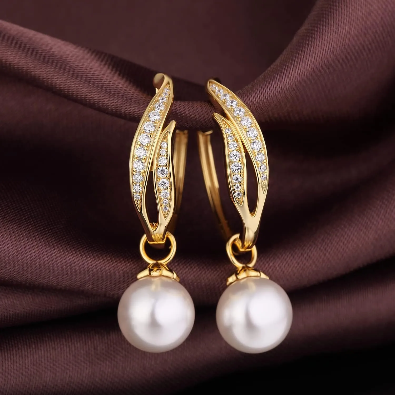 18K White Gold Plated Large Pearl Hoop Earrings for Women, 925 Sterling Silver Pearl Dangle Earrings 10MM, Two Wearing Styles, Pearl Jewelry for Women