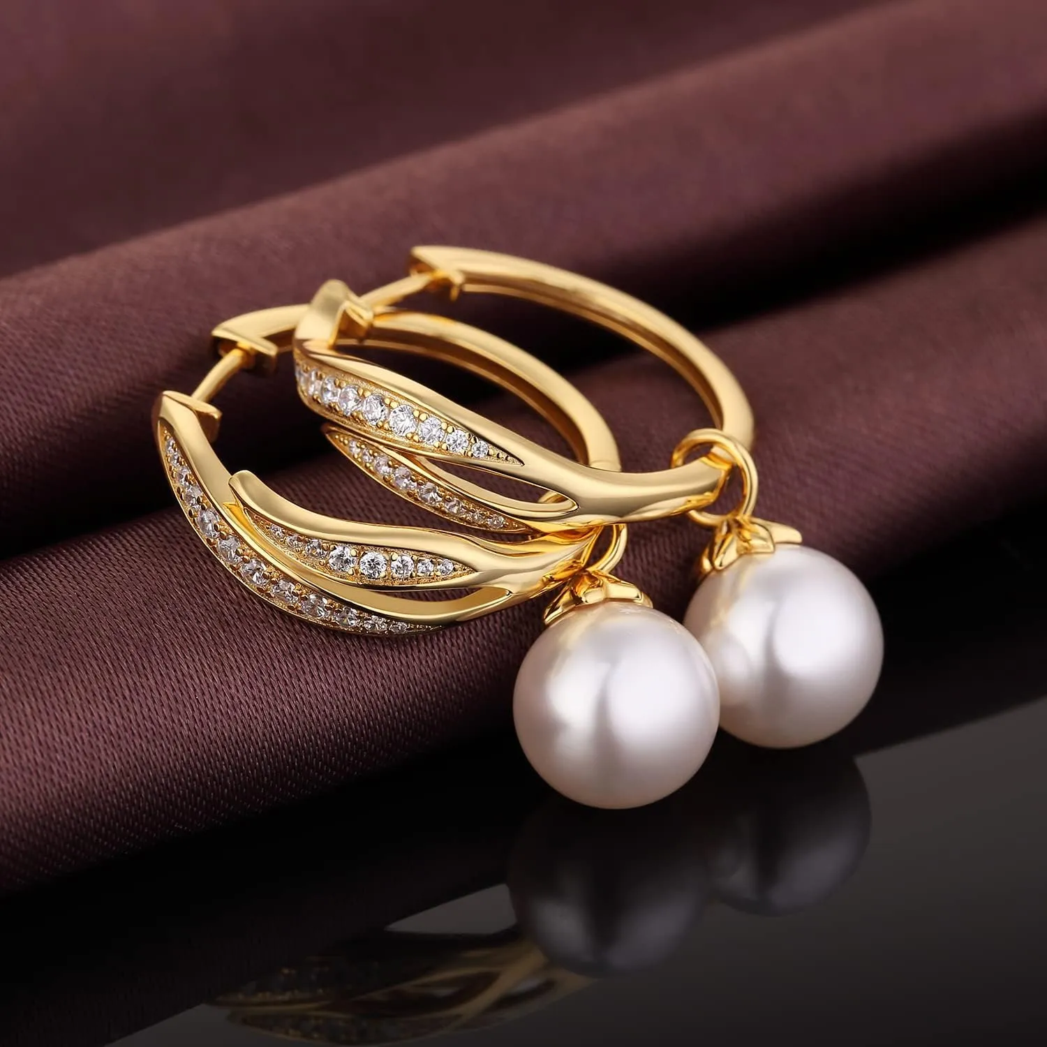 18K White Gold Plated Large Pearl Hoop Earrings for Women, 925 Sterling Silver Pearl Dangle Earrings 10MM, Two Wearing Styles, Pearl Jewelry for Women