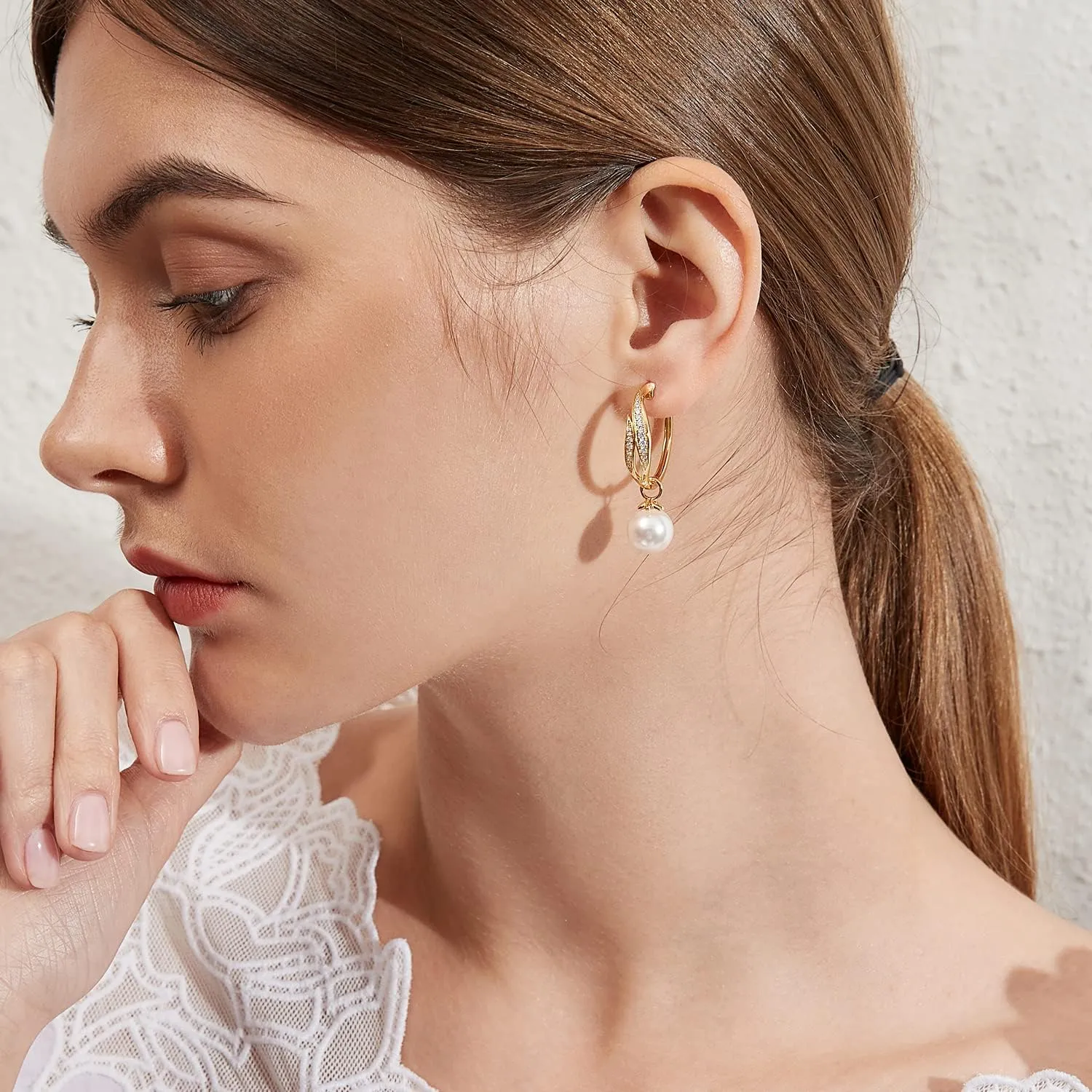 18K White Gold Plated Large Pearl Hoop Earrings for Women, 925 Sterling Silver Pearl Dangle Earrings 10MM, Two Wearing Styles, Pearl Jewelry for Women