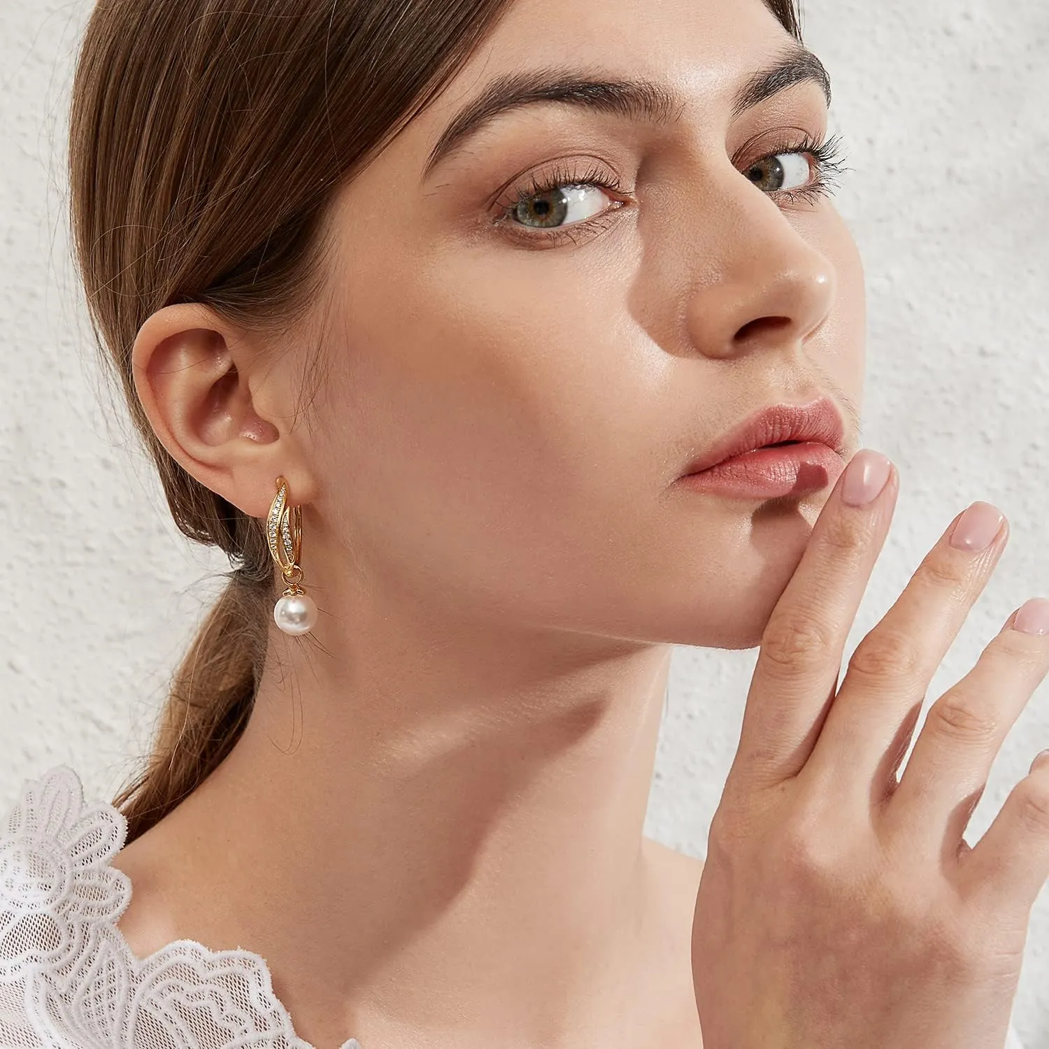 18K White Gold Plated Large Pearl Hoop Earrings for Women, 925 Sterling Silver Pearl Dangle Earrings 10MM, Two Wearing Styles, Pearl Jewelry for Women