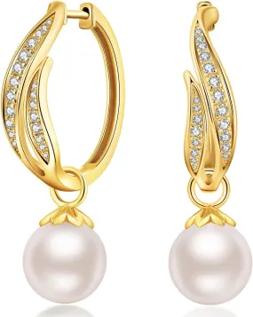 18K White Gold Plated Large Pearl Hoop Earrings for Women, 925 Sterling Silver Pearl Dangle Earrings 10MM, Two Wearing Styles, Pearl Jewelry for Women