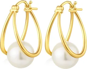18K White Gold Plated Pearl Hoop Earrings for Women, 925 Sterling Silver Pearl Diamond Dangle Earrings with Pearl 10MM Pearl Jewelry