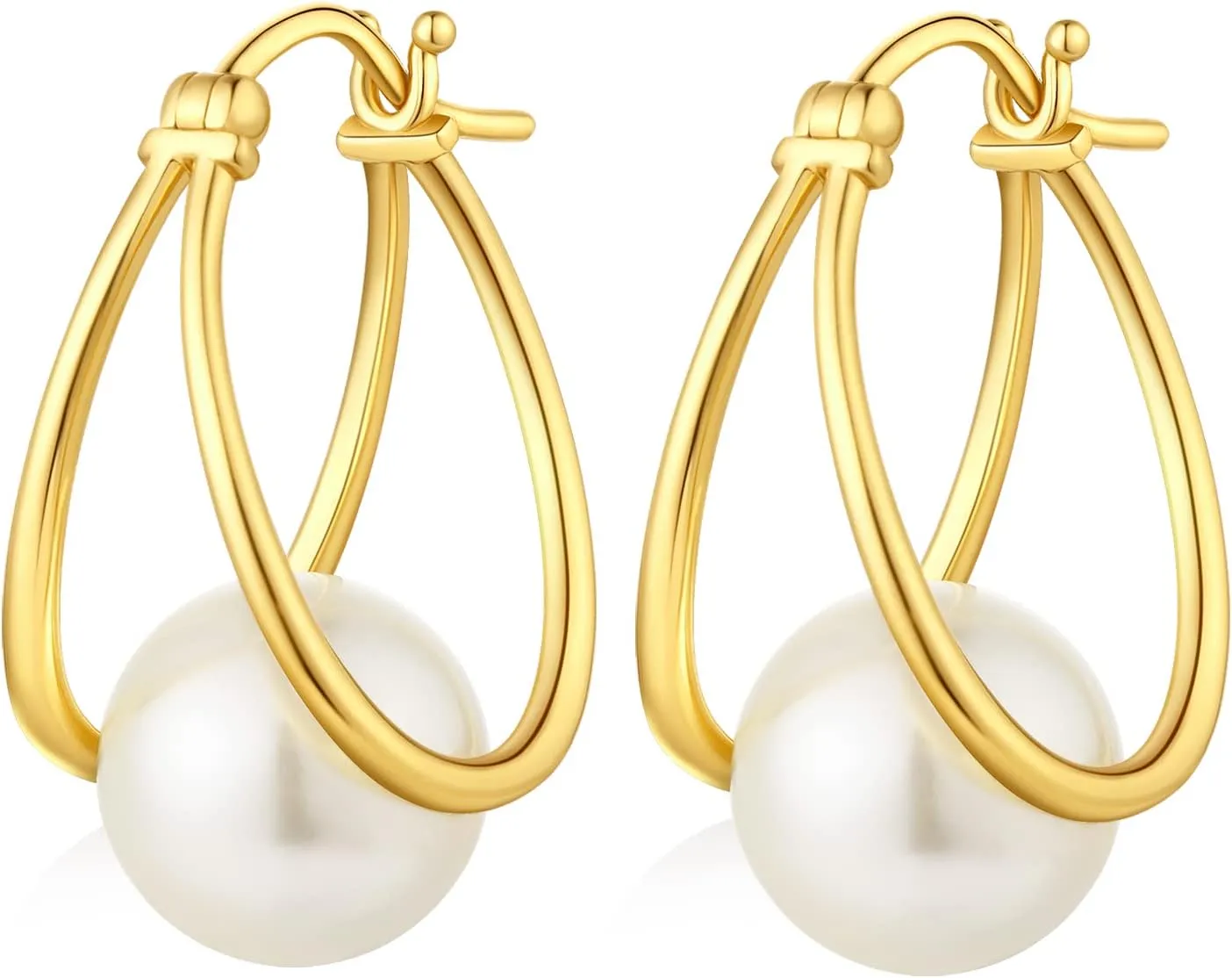 18K White Gold Plated Pearl Hoop Earrings for Women, 925 Sterling Silver Pearl Diamond Dangle Earrings with Pearl 10MM Pearl Jewelry