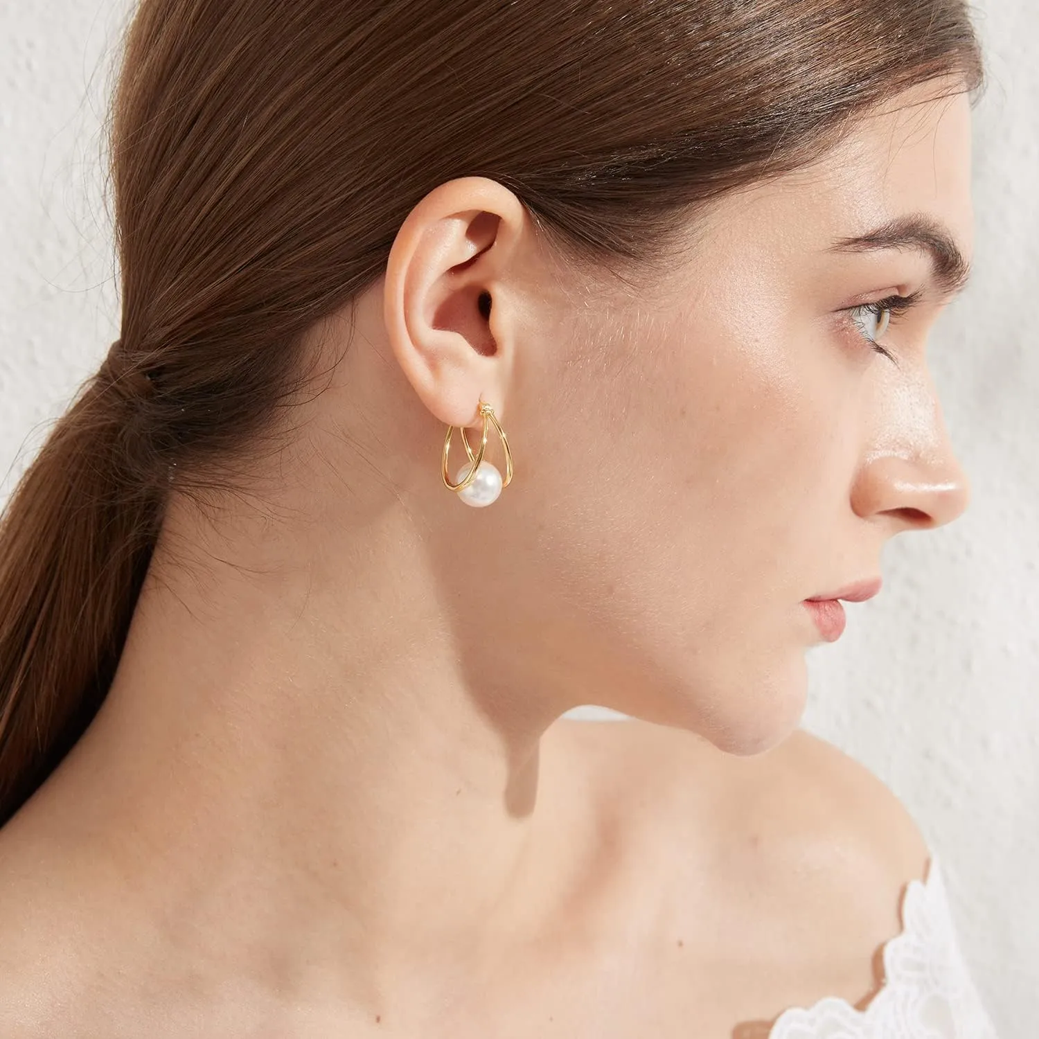 18K White Gold Plated Pearl Hoop Earrings for Women, 925 Sterling Silver Pearl Diamond Dangle Earrings with Pearl 10MM Pearl Jewelry