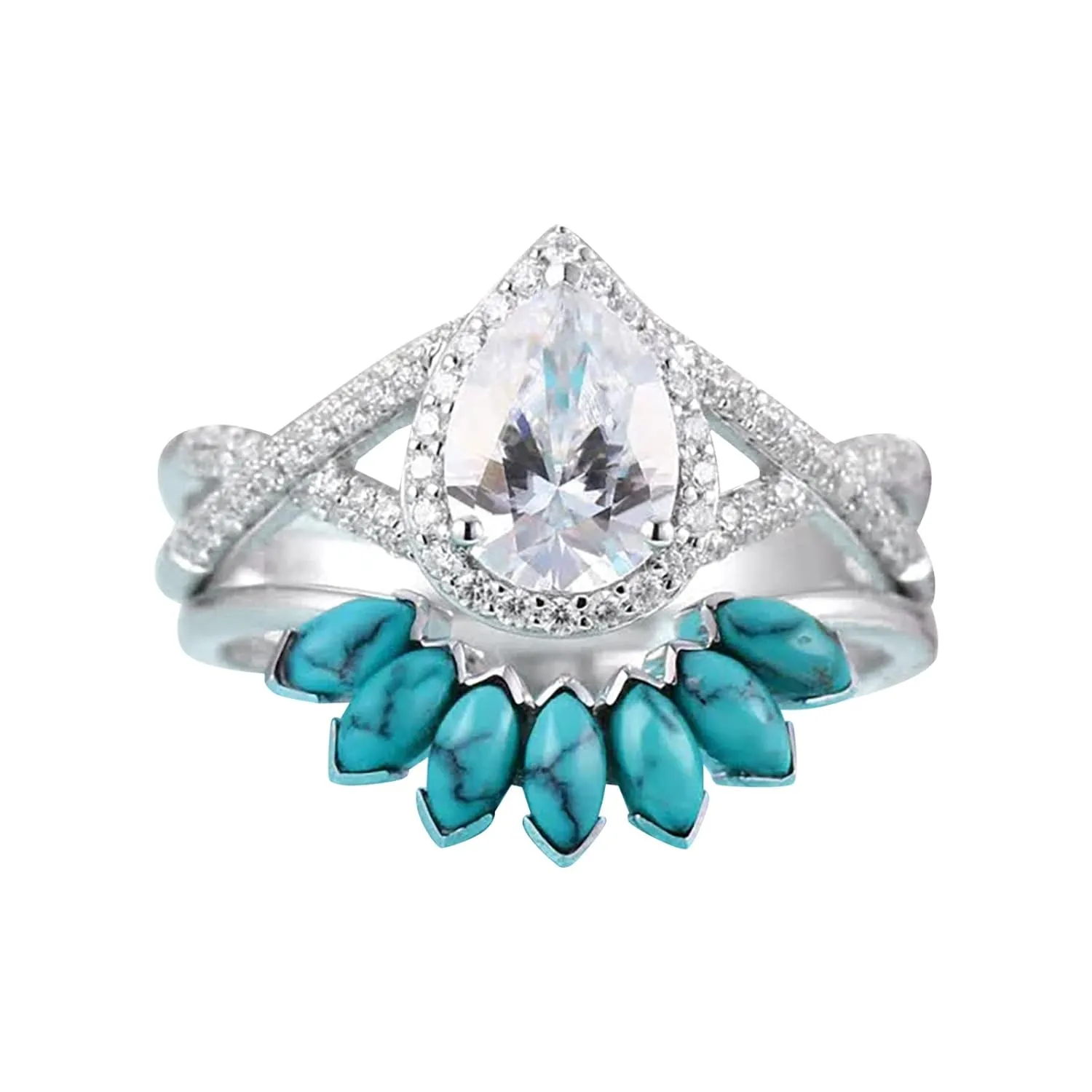 2 in 1 Turquoise Eternal Ring for Women Teardrop Shape Zircon Wedding Band Simulated Diamond Engagement Ring (Silver, 8)