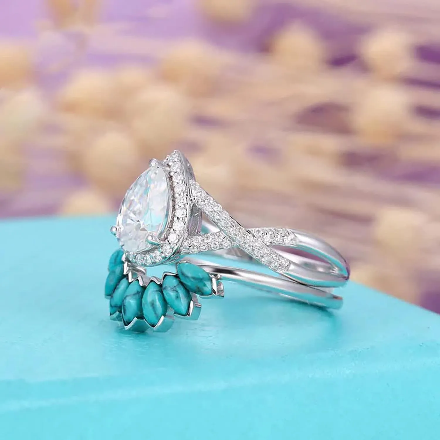 2 in 1 Turquoise Eternal Ring for Women Teardrop Shape Zircon Wedding Band Simulated Diamond Engagement Ring (Silver, 8)